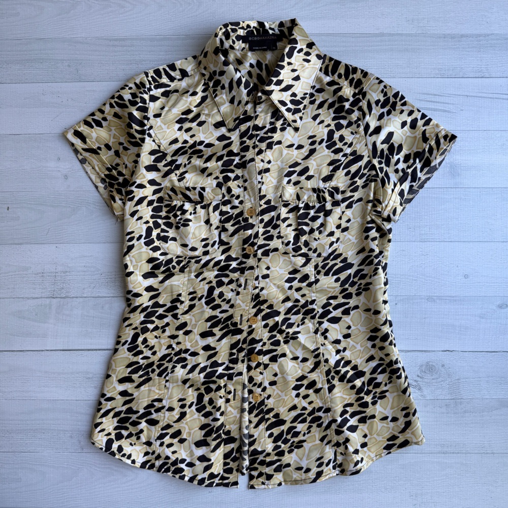 BCBG Maxazria Satin Gold & Black Printed Short Sleeve Button Down Shirt XS